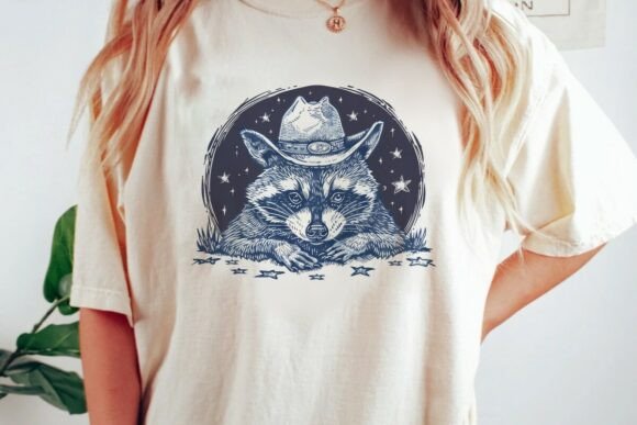 Raccoon Cowboy Starry Night Graphic PNG